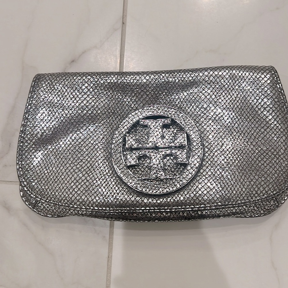 Tory Burch chrome metallic clutch or crossbody